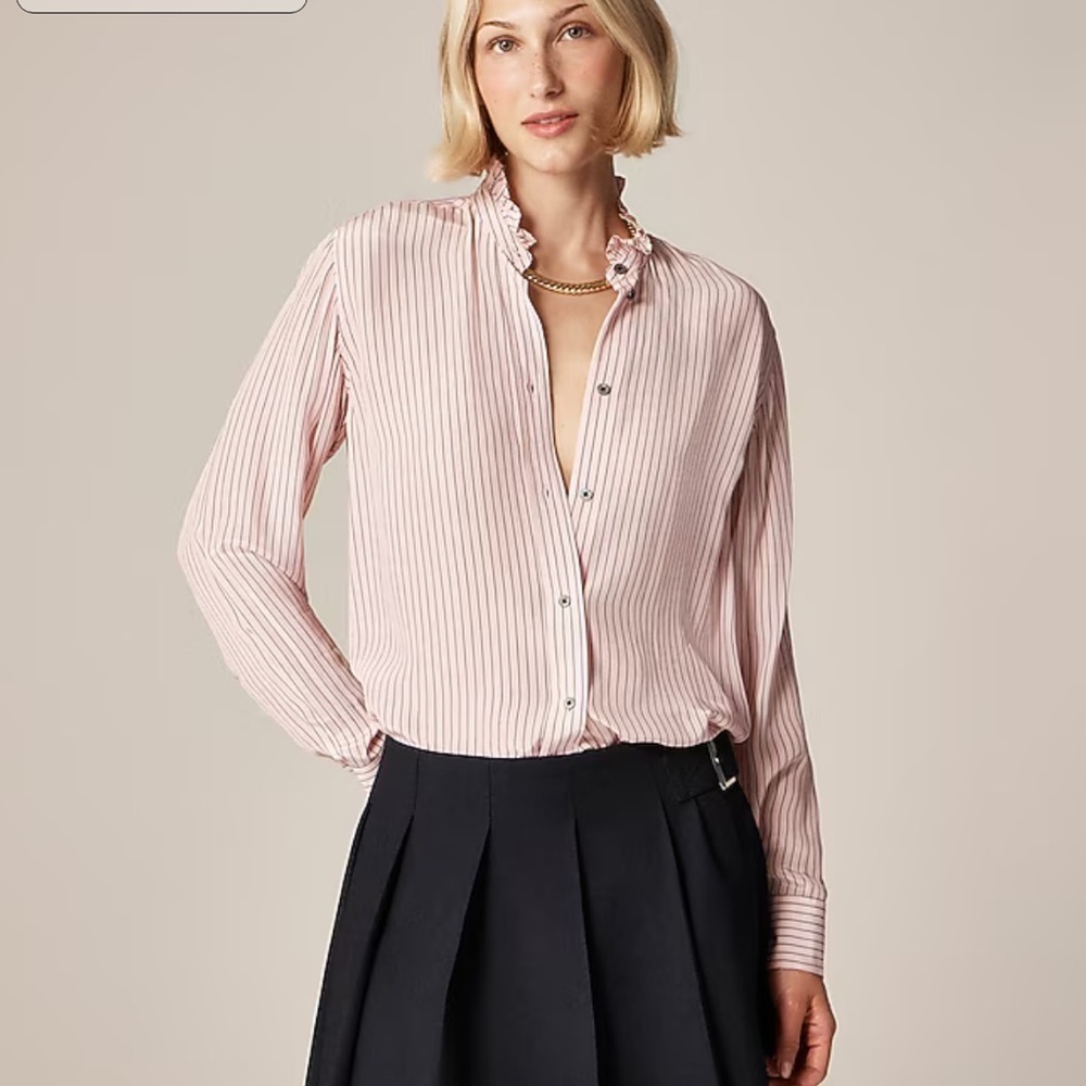 J crew light pink Jules ruffle-collar shirt in striped crepe de chine